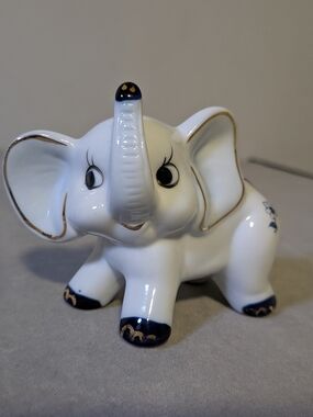 Ceramic White Elephant Figurine with Navy and Gold Accents - Home Art